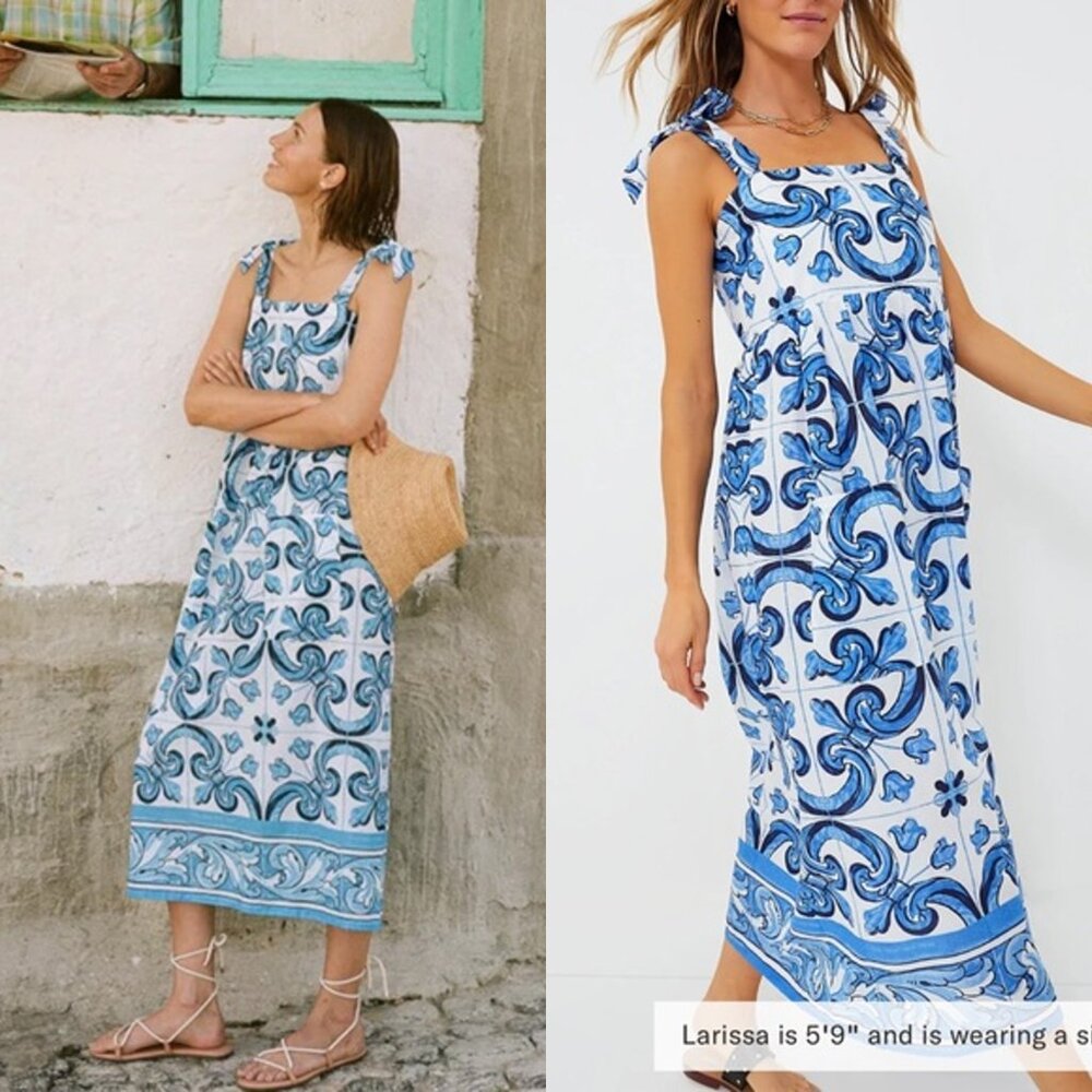 Tuckernuck Blue and White Printed Tie-Shoulder Maxi Dress